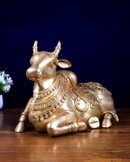 Pure Brass Nandi Statue | 18" Intricate Carvings, 14.24 kg