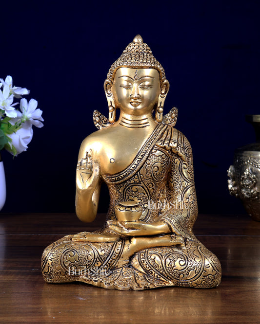 Brass Buddha Superfine Statue | 8" Fully Carved, 2.39 kg