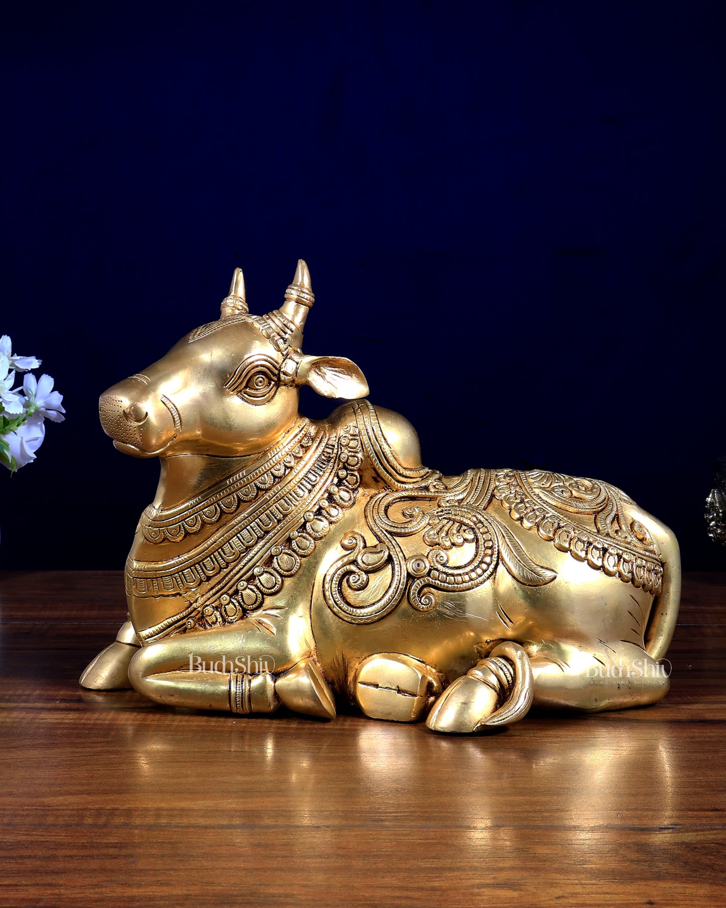 Brass Sitting Nandi Statue - 13" enhanced carvings