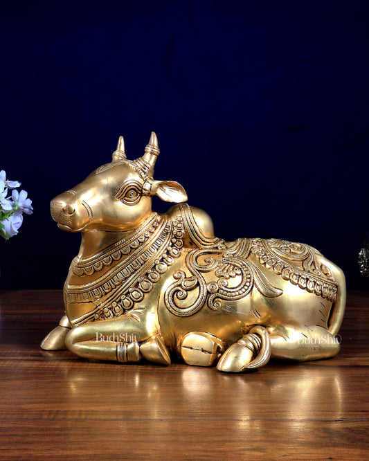 Brass Sitting Nandi Statue - 13" enhanced carvings
