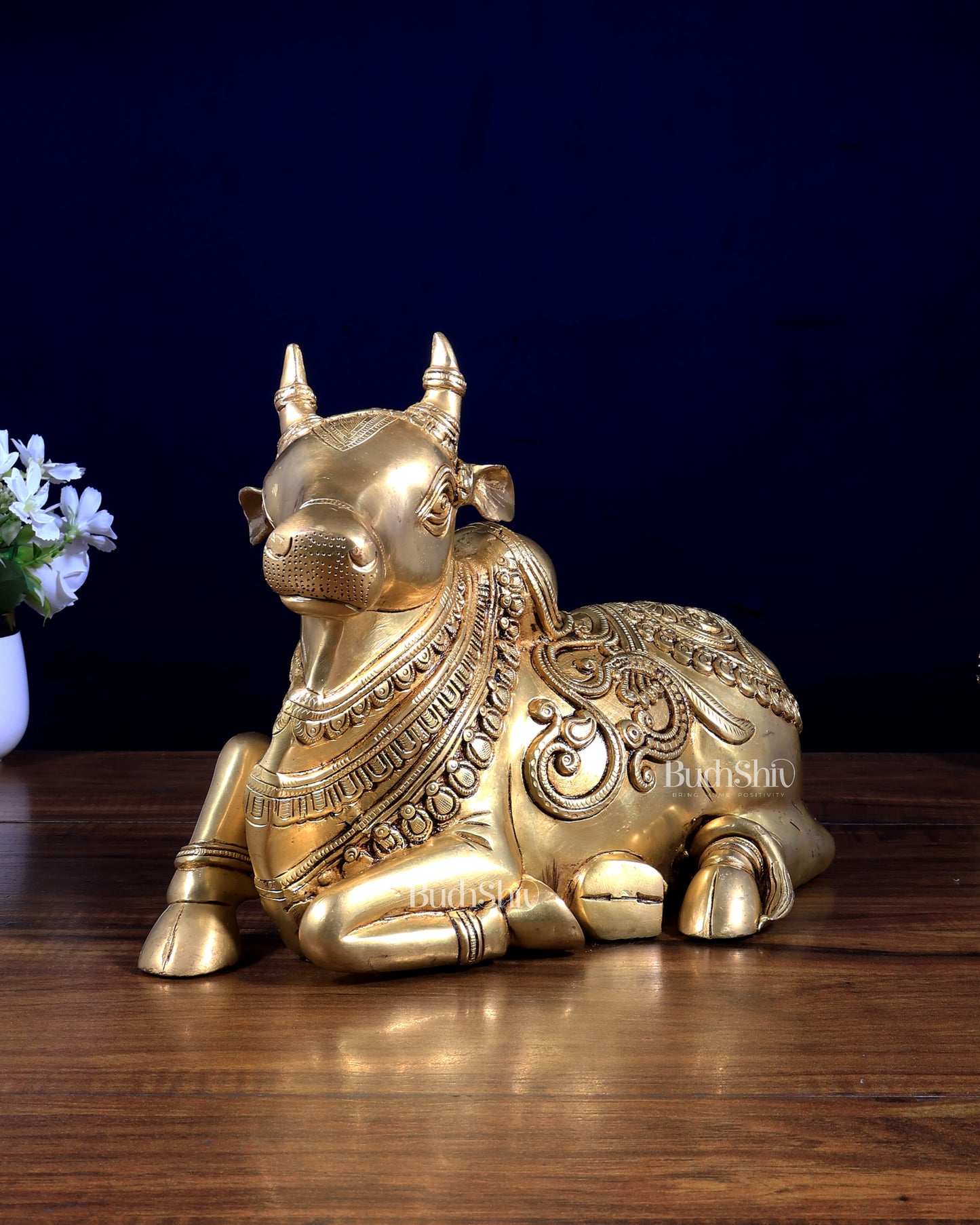 Brass Sitting Nandi Statue - 13" enhanced carvings