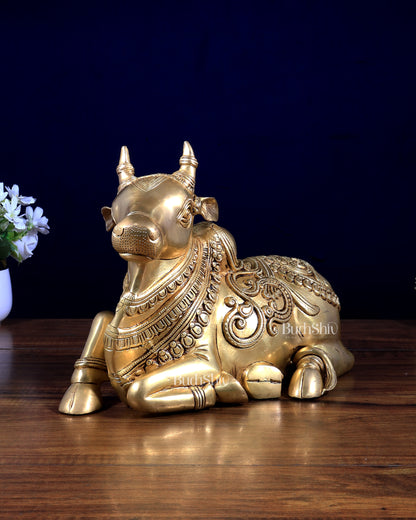 Brass Sitting Nandi Statue - 13" enhanced carvings