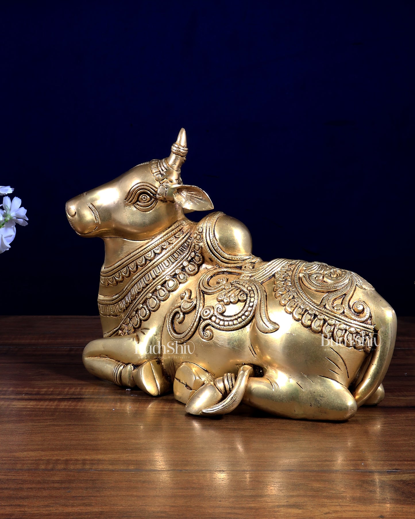 Brass Sitting Nandi Statue - 13" enhanced carvings