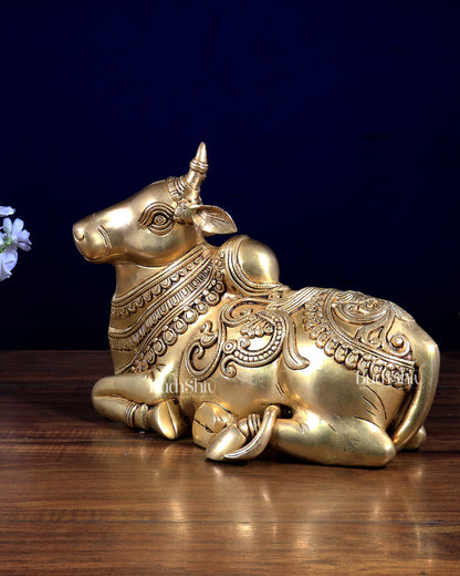 Brass Sitting Nandi Statue - 13" enhanced carvings