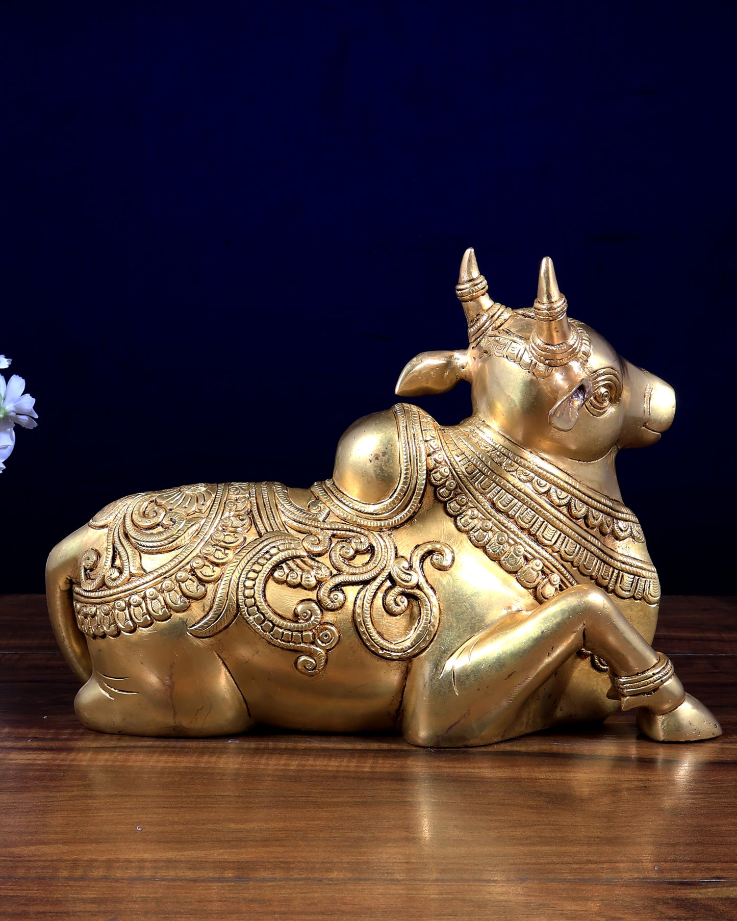 Brass Sitting Nandi Statue - 13" enhanced carvings