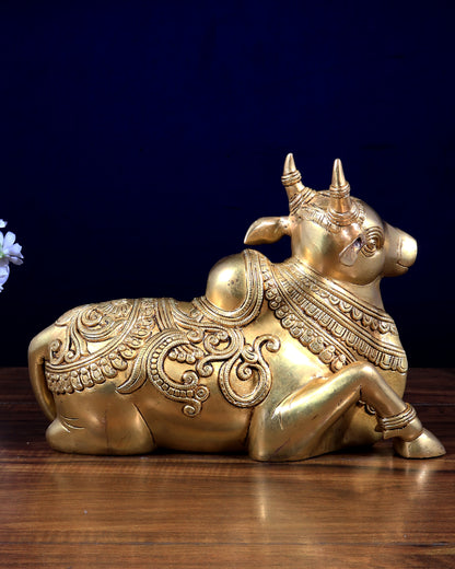 Brass Sitting Nandi Statue - 13" enhanced carvings