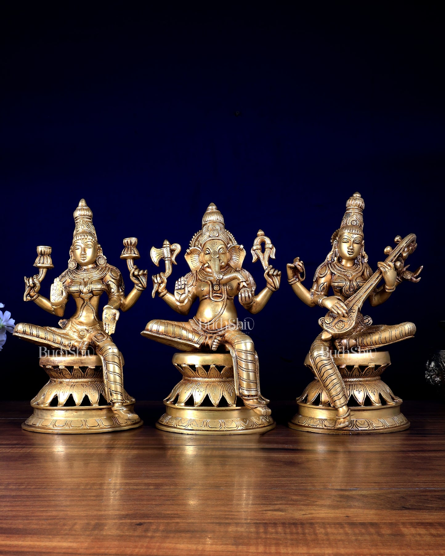Brass Ganesha Lakshmi Saraswati Set | 12" Lotus Base Trio