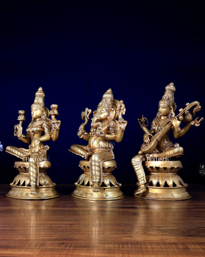 Brass Ganesha Lakshmi Saraswati Set | 12" Lotus Base Trio