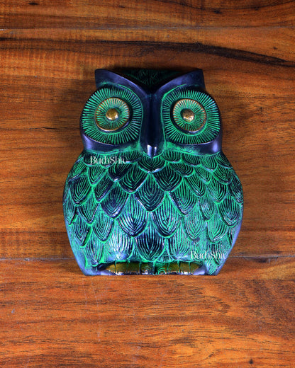 Brass Owl Wall Hanging | 7" Black & Green Finish