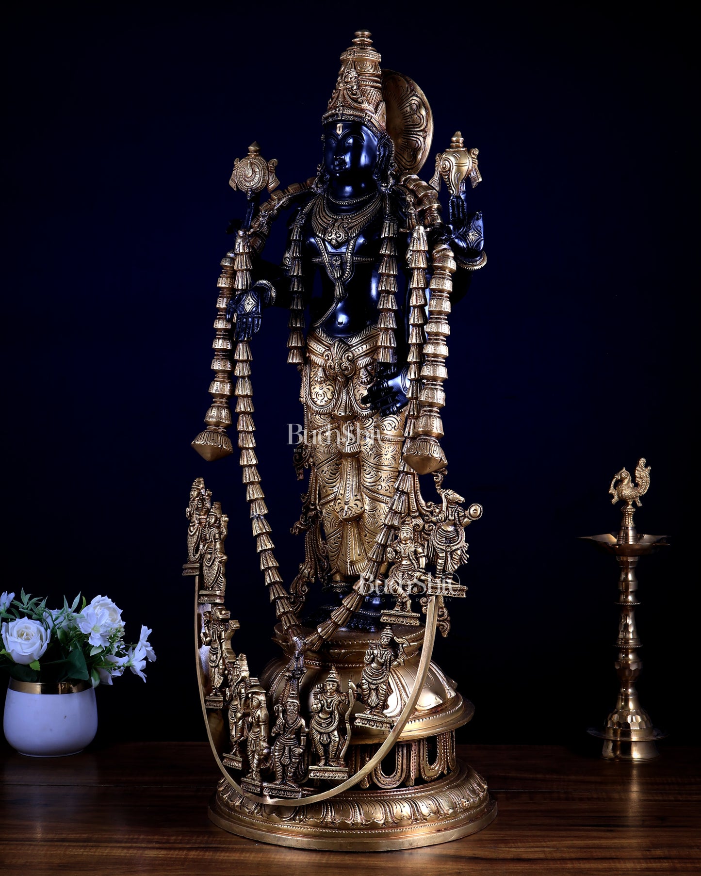 Lord Tirupati Balaji with Dashavatar Bronze Statue – Midnight Black & Gloomy Gold Finish (30 Inches)