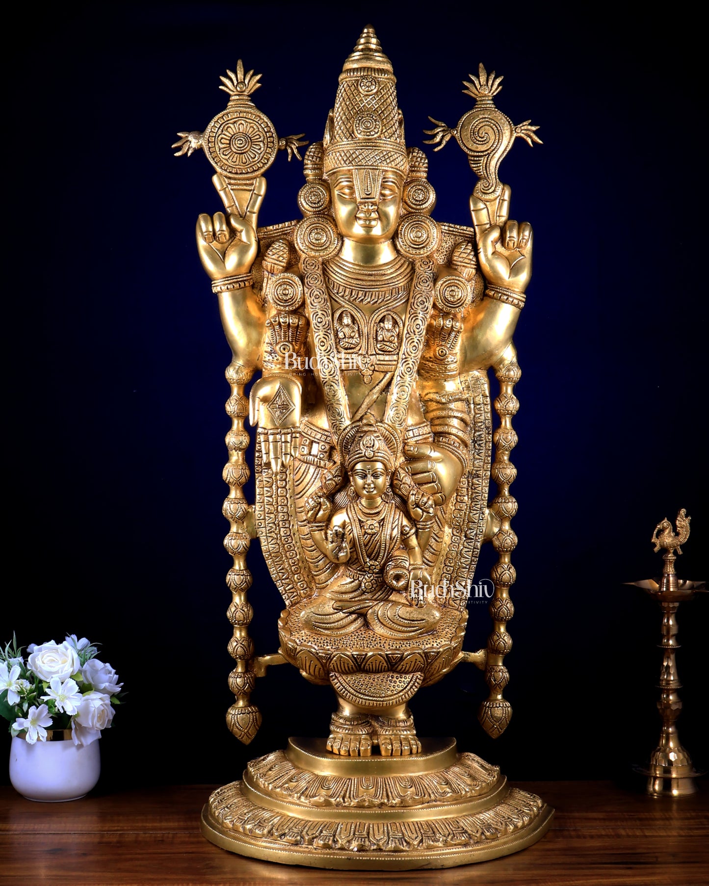 Brass Large Tirupati Balaji Statue with Padmavathi Lakshmi Engraving (34.5 Inches)