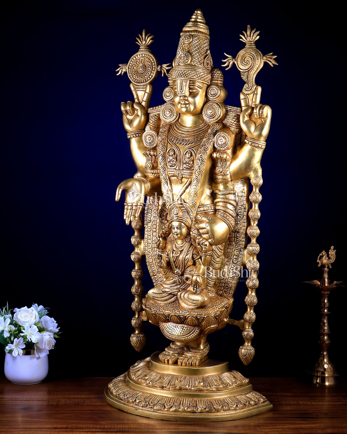 Brass Large Tirupati Balaji Statue with Padmavathi Lakshmi Engraving (34.5 Inches)