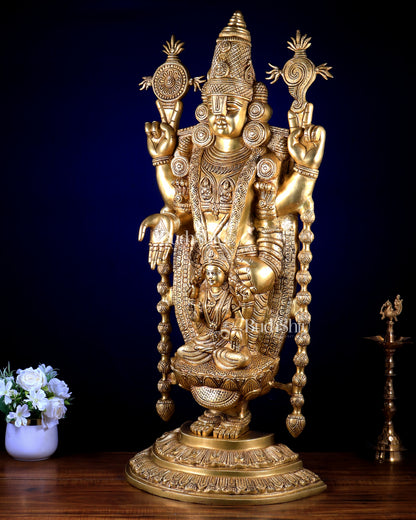 Brass Large Tirupati Balaji Statue with Padmavathi Lakshmi Engraving (34.5 Inches)