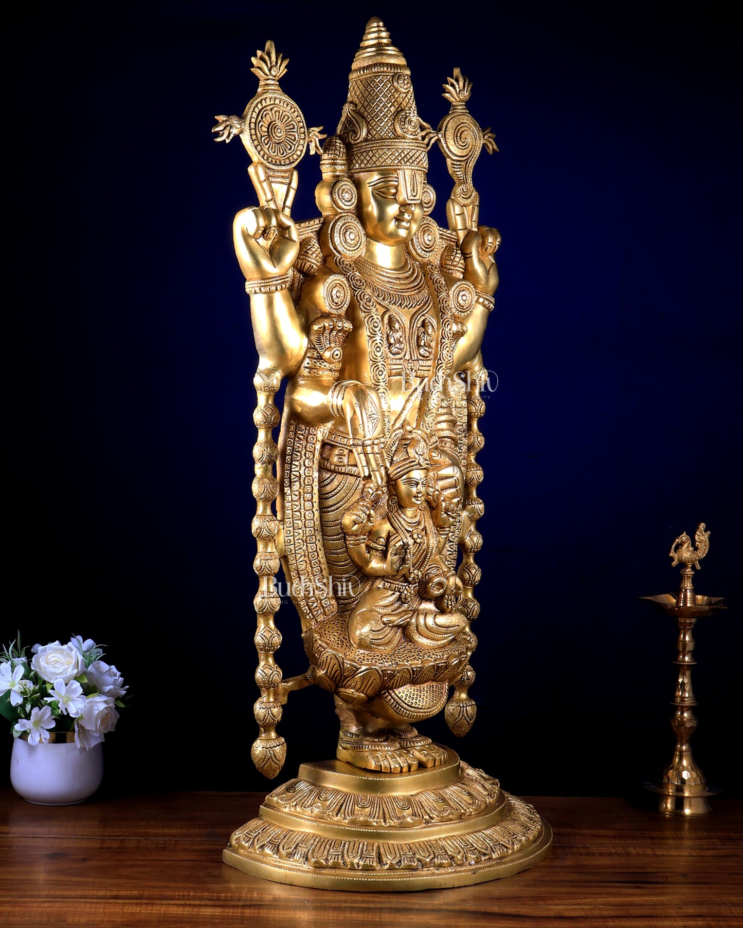 Brass Large Tirupati Balaji Statue with Padmavathi Lakshmi Engraving (34.5 Inches)