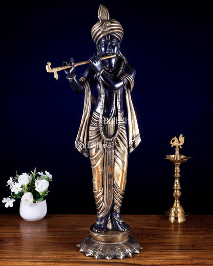 Pure Brass Lord Krishna with Turban (Pagdi) – Black Edition (29 Inches)