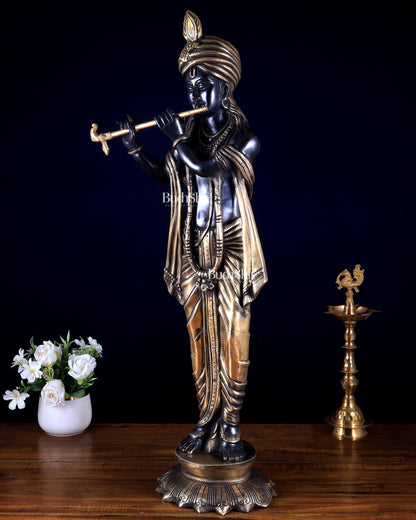 Pure Brass Lord Krishna with Turban (Pagdi) – Black Edition (29 Inches)