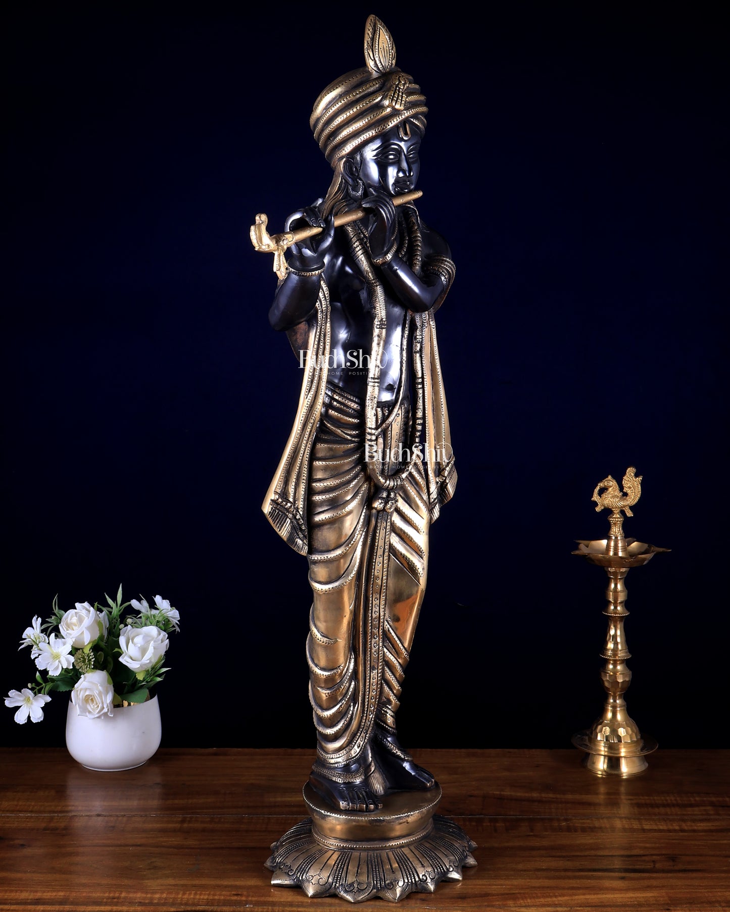 Pure Brass Lord Krishna with Turban (Pagdi) – Black Edition (29 Inches)