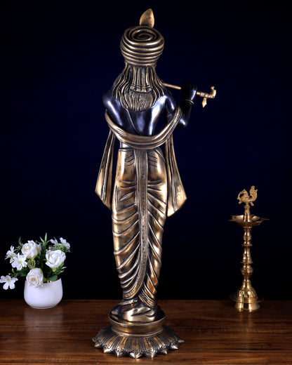 Pure Brass Lord Krishna with Turban (Pagdi) – Black Edition (29 Inches)