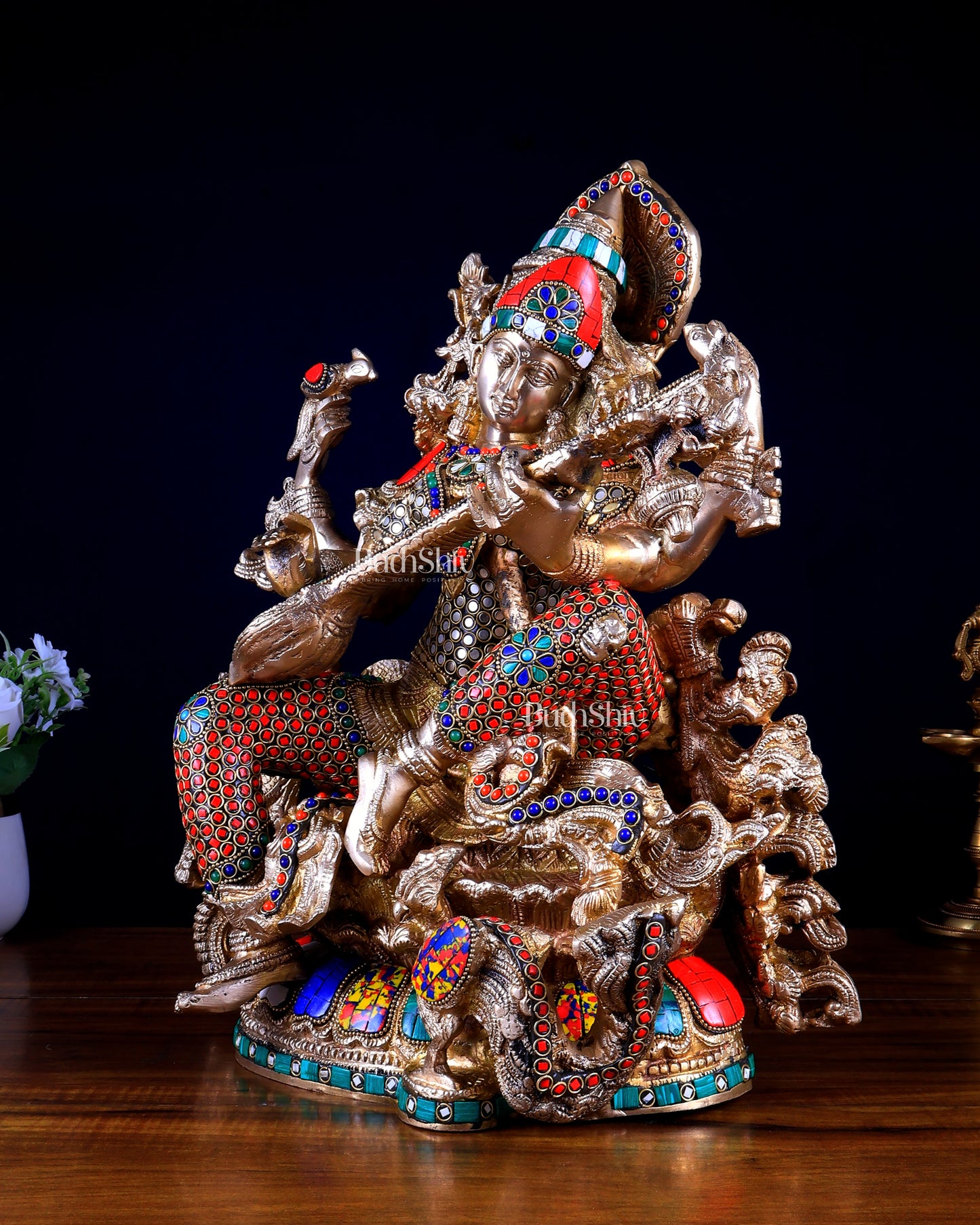 Pure Brass Goddess Saraswati – Unique Design with Stonework (16 Inches)