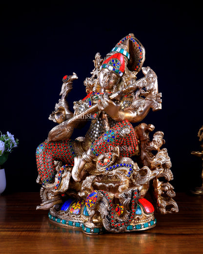 Pure Brass Goddess Saraswati – Unique Design with Stonework (16 Inches)