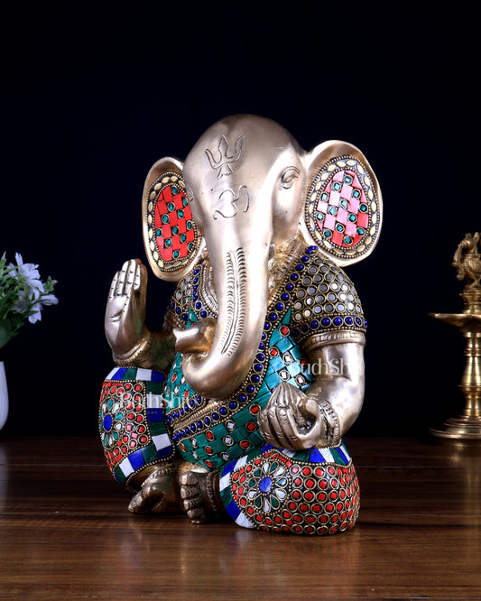 Pure Brass Modern Ganesha Idol with Abstract Design and Stonework 9.5"