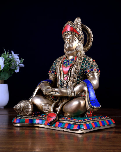 Pure Brass Lord Hanuman in Meditation – Meenakari Stonework (9.3 Inches)