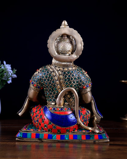 Pure Brass Lord Hanuman in Meditation – Meenakari Stonework (9.3 Inches)