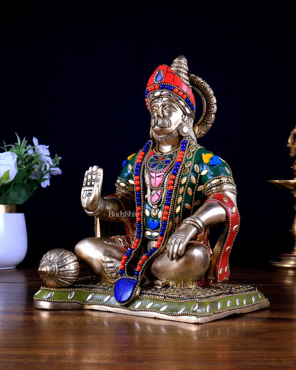 Lord Hanuman Brass Idol 9.5" with stonework