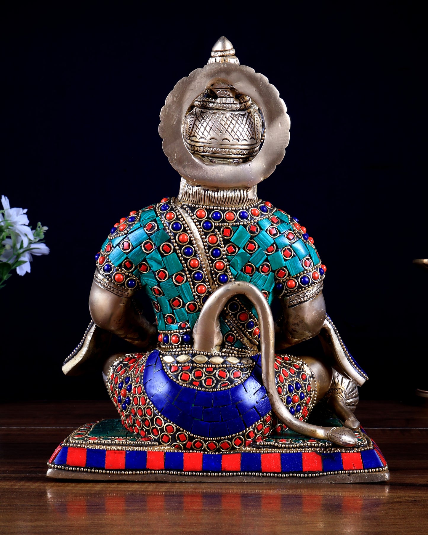 Pure Brass Lord Hanuman in Meditation – Meenakari Stonework (9.3 Inches)