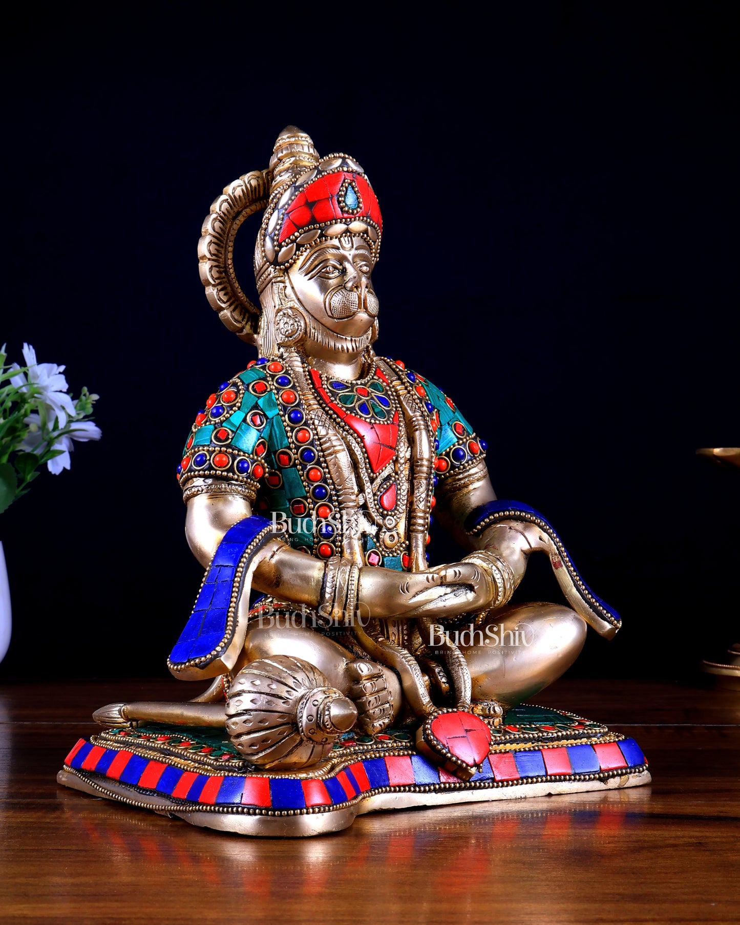 Pure Brass Lord Hanuman in Meditation – Meenakari Stonework (9.3 Inches)