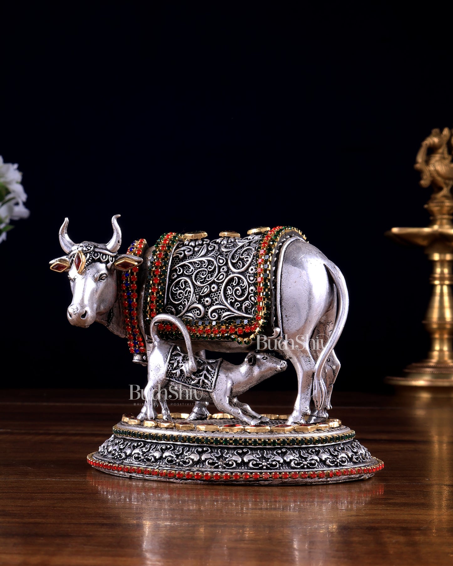 Pure Brass Silver Plated Kamdhenu Cow with Calf Idol - 4" Tall jewellers meenakari