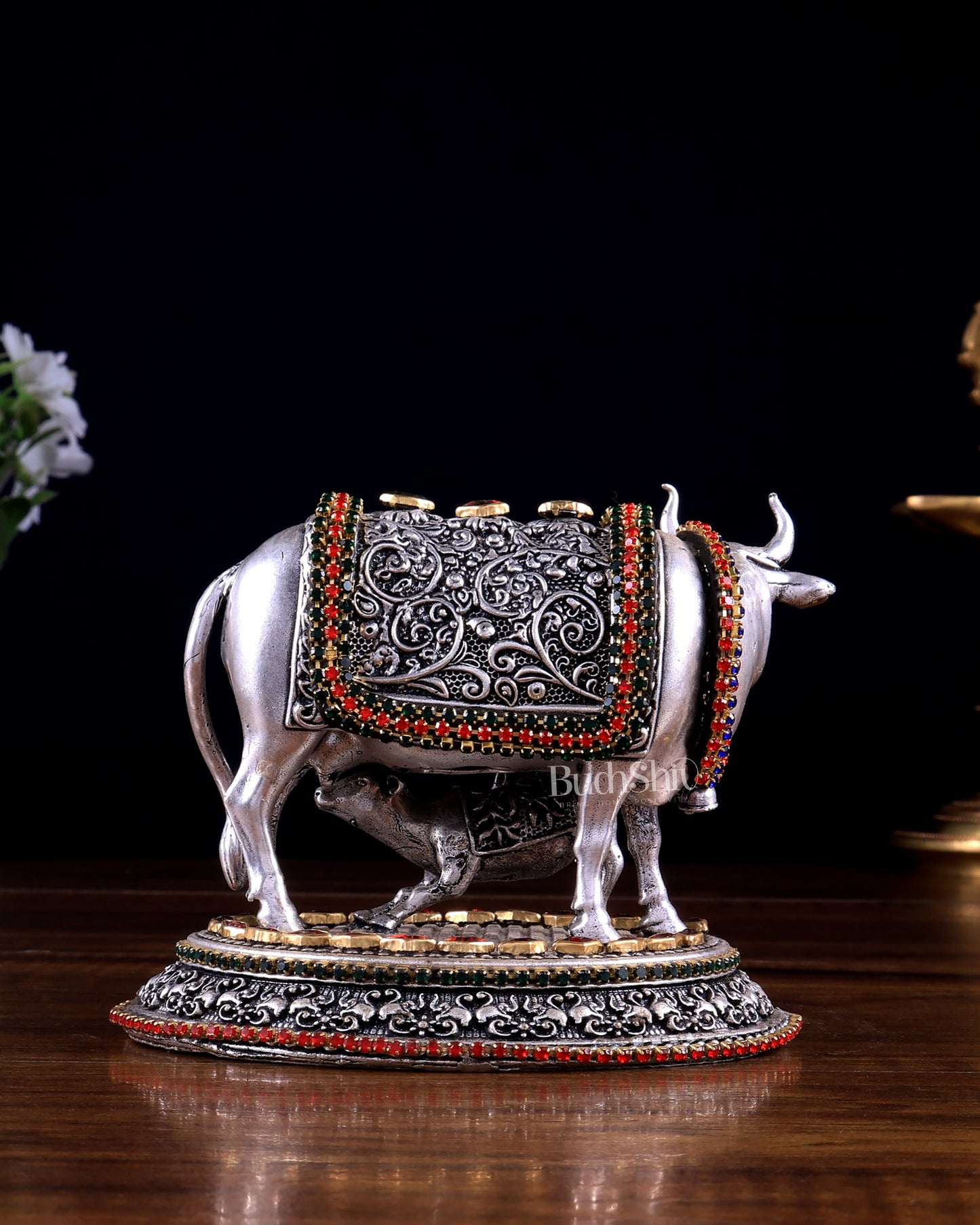 Pure Brass Silver Plated Kamdhenu Cow with Calf Idol - 4" Tall jewellers meenakari