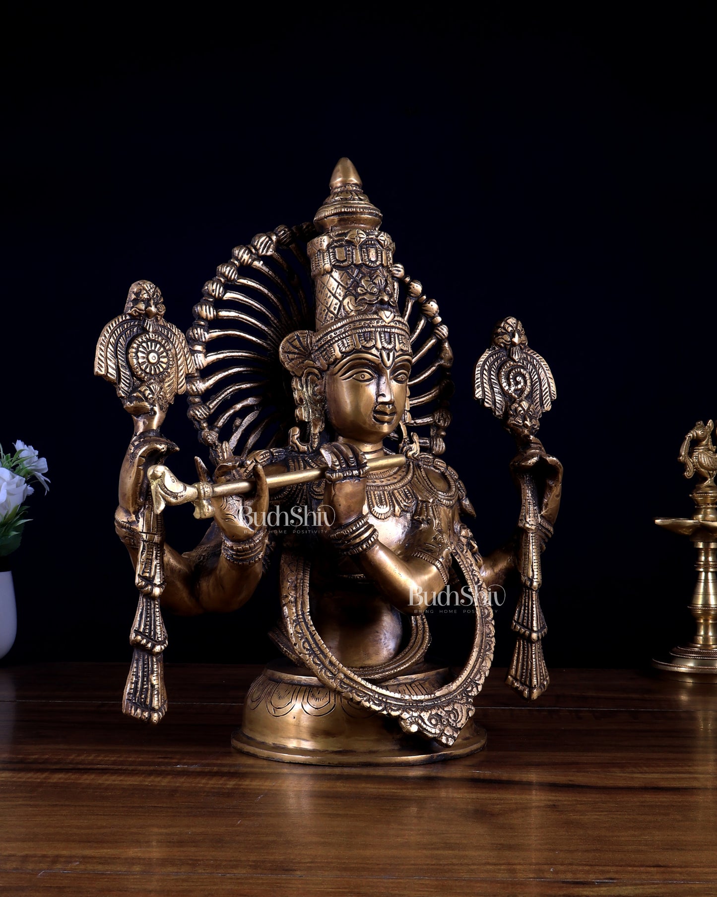 Brass Half Body Lord Krishna Bust butter finish - 13.5