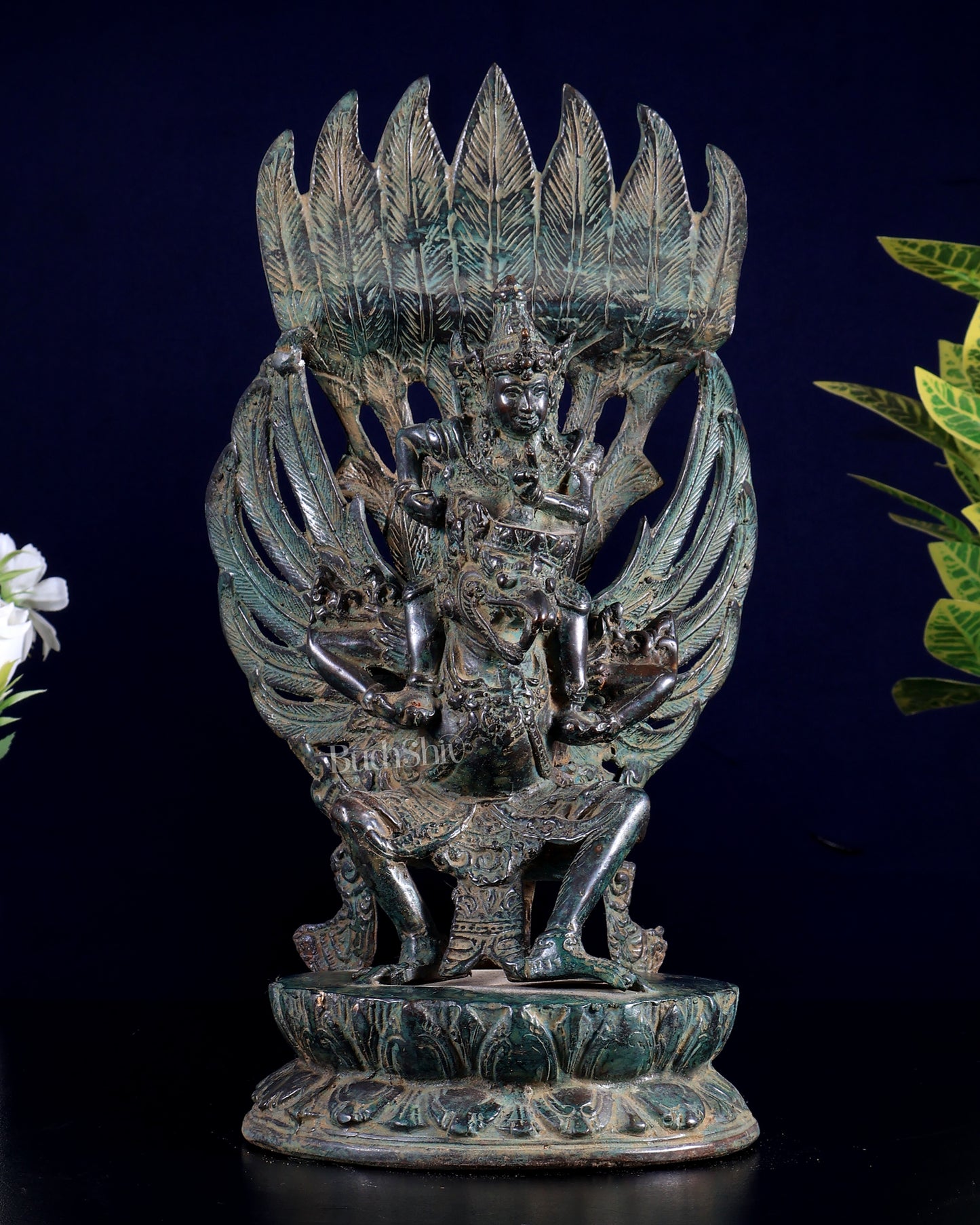 Vintage Indonesian Bronze Lord Vishnu Seated on Garuda Vahana Sculpture 12"