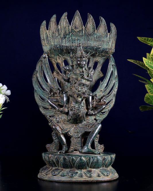 Vintage Indonesian Bronze Lord Vishnu Seated on Garuda Vahana Sculpture 12"