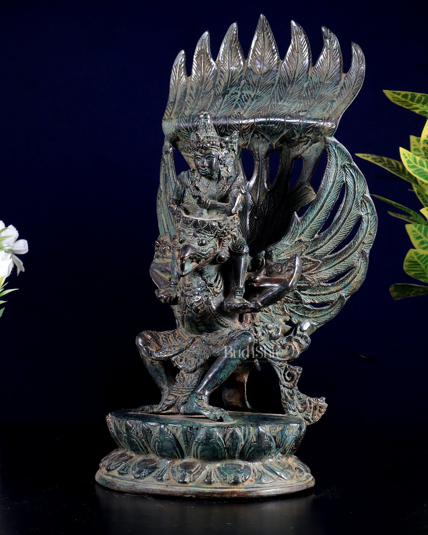 Vintage Indonesian Bronze Lord Vishnu Seated on Garuda Vahana Sculpture 12"