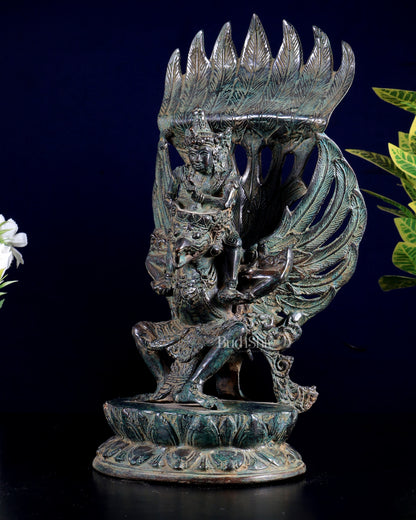 Vintage Indonesian Bronze Lord Vishnu Seated on Garuda Vahana Sculpture 12"