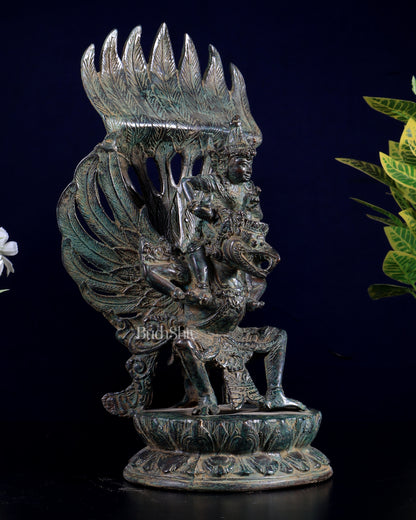 Vintage Indonesian Bronze Lord Vishnu Seated on Garuda Vahana Sculpture 12"