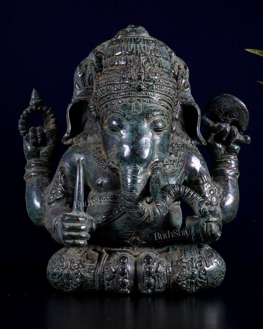 Bronze Ganesha Lost Wax Sculpture | 9" Indonesian Style with Mahakal Back