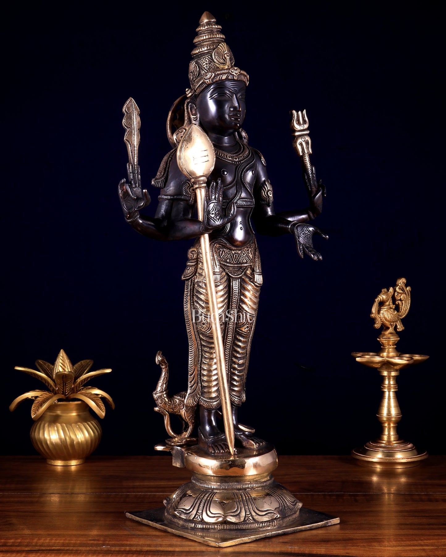 Pure Brass Murugan Swamy / Kartikeya Statue – Black & Gold Finish 18 inch