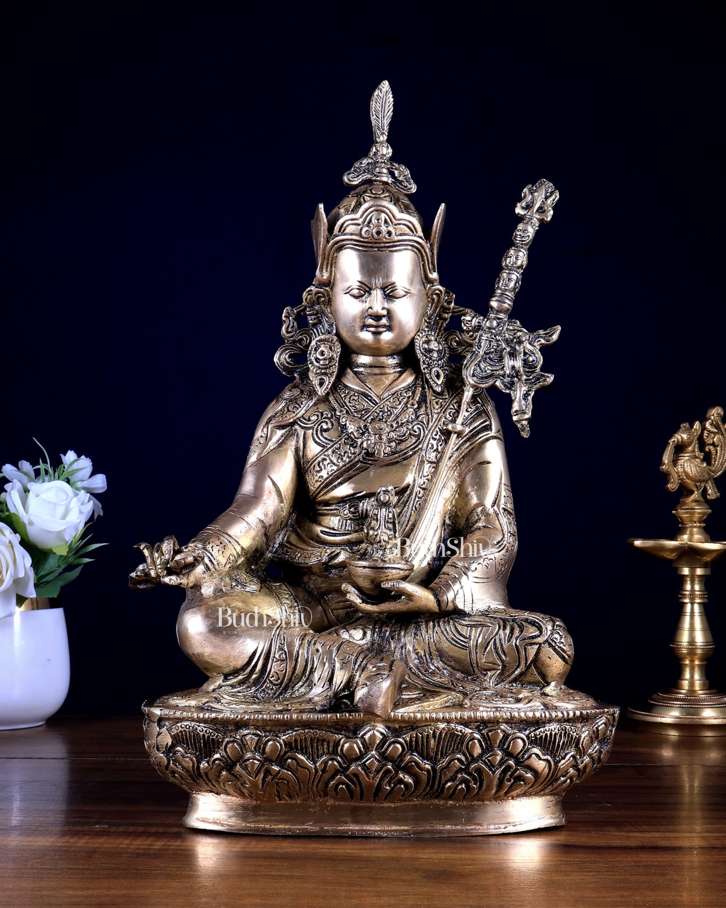Pure Brass Buddhist Deity Rimpoche – Unique Statue 13 inch