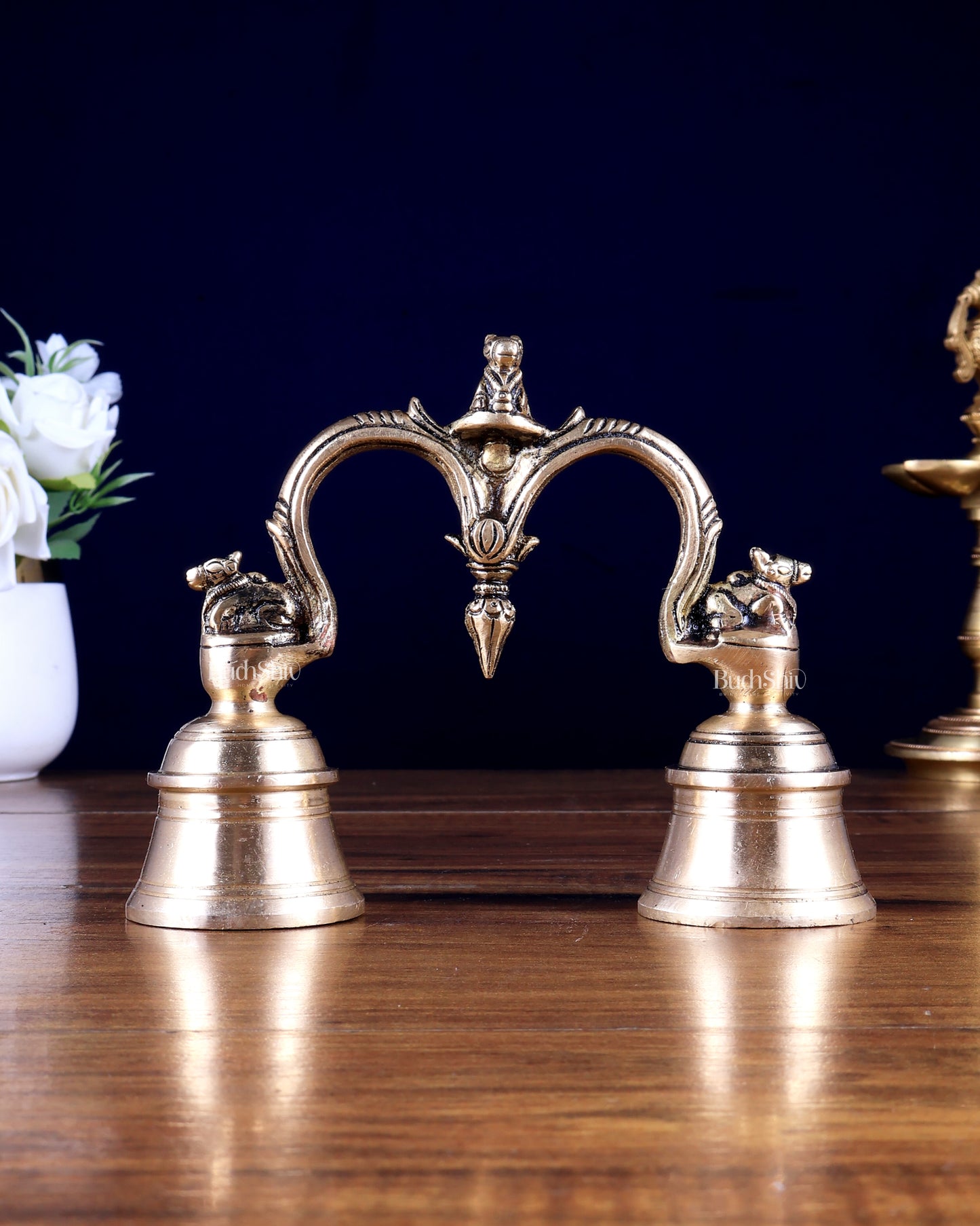 Pure Brass Nandi Design Double Hand Bell – Unique Temple Bell 6 inch