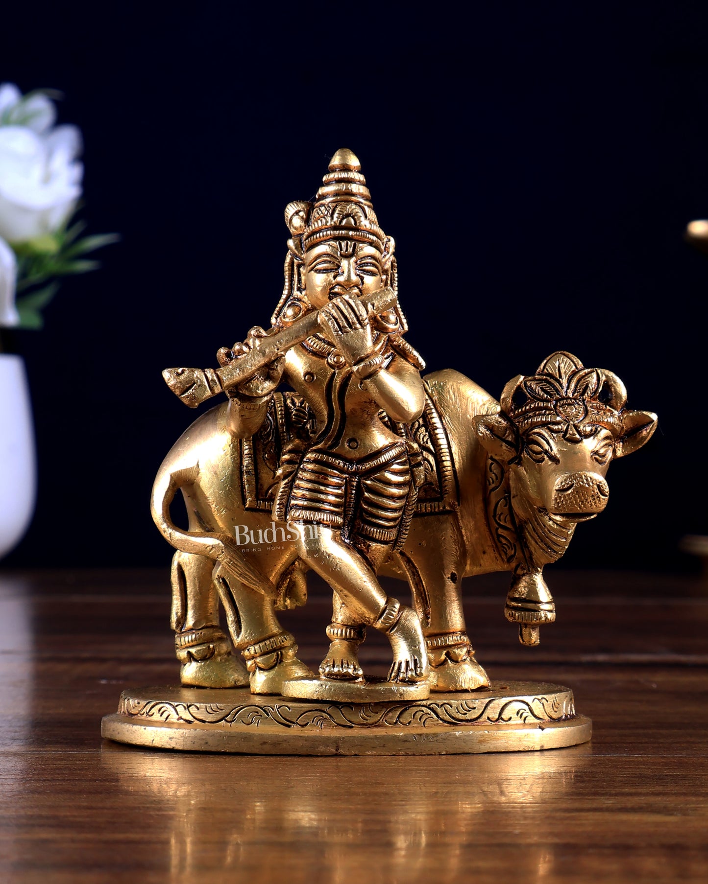 Pure Brass Lord Krishna with Cow Small Statue 3.8 inch
