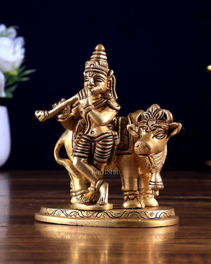 Pure Brass Lord Krishna with Cow Small Statue 3.8 inch