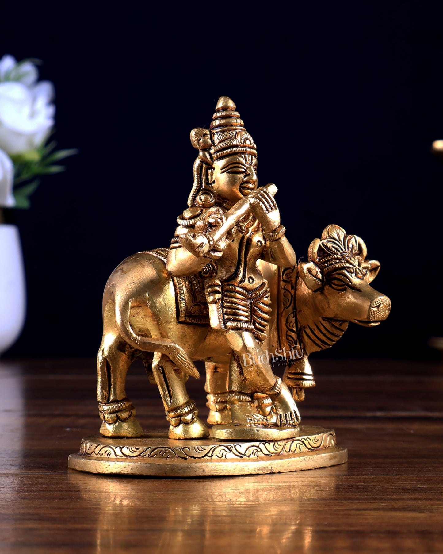 Pure Brass Lord Krishna with Cow Small Statue 3.8 inch