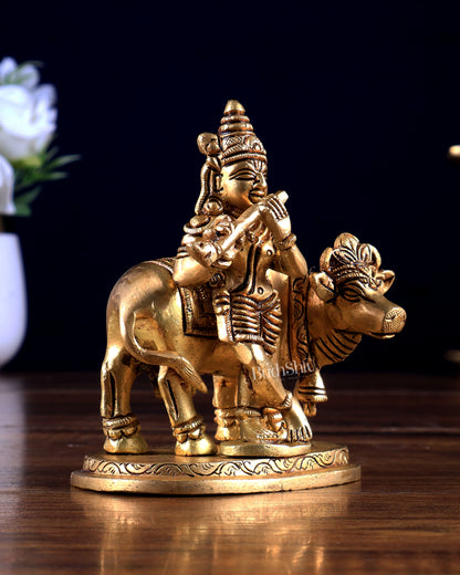 Pure Brass Lord Krishna with Cow Small Statue 3.8 inch