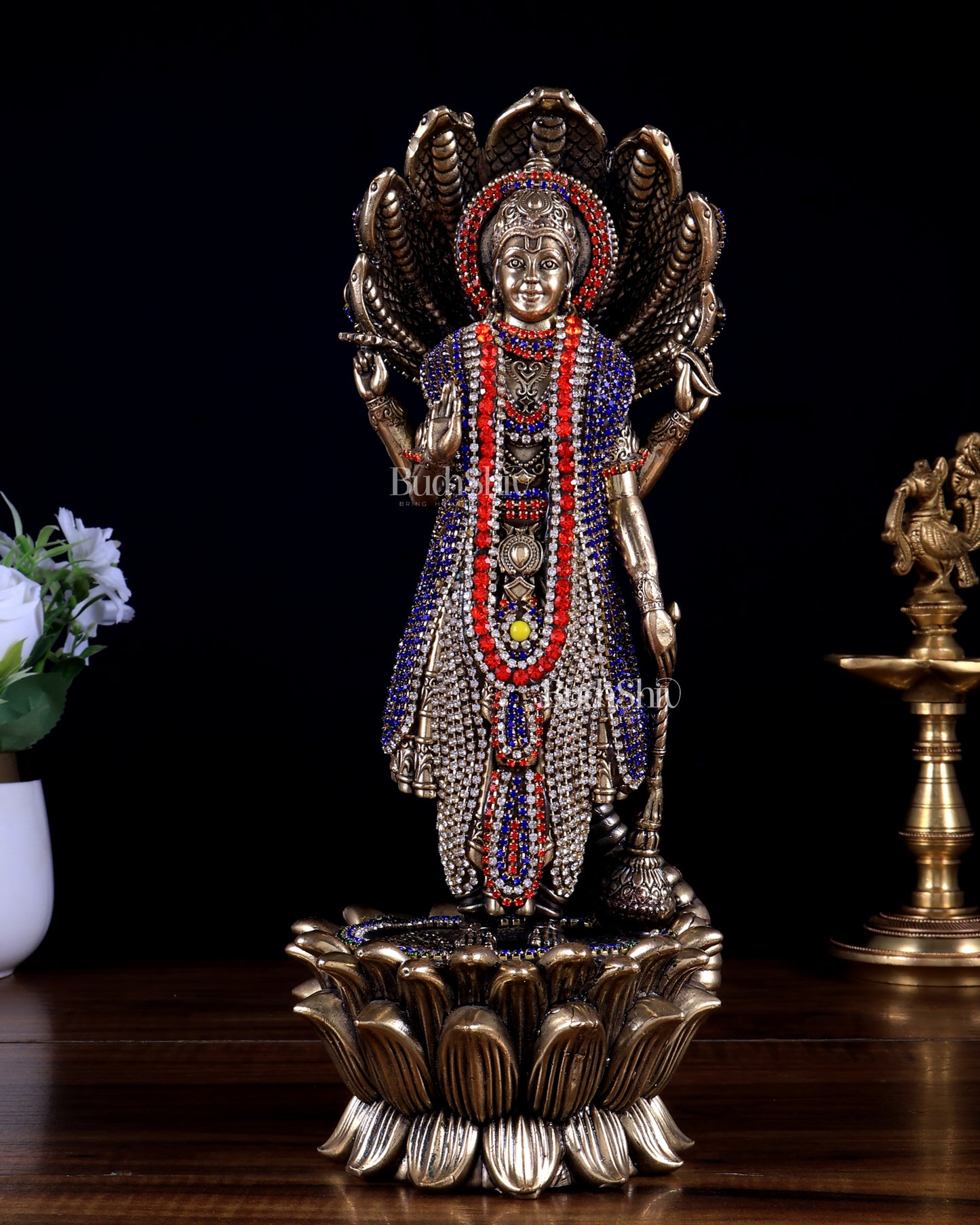 Pure Brass Lord Vishnu Standing with Sheshanaag jewel work 11.5 inch