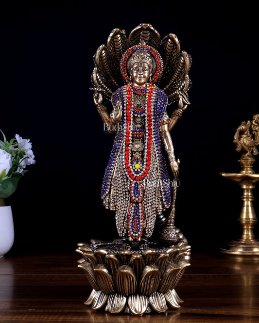 Pure Brass Lord Vishnu Standing with Sheshanaag jewel work 11.5 inch