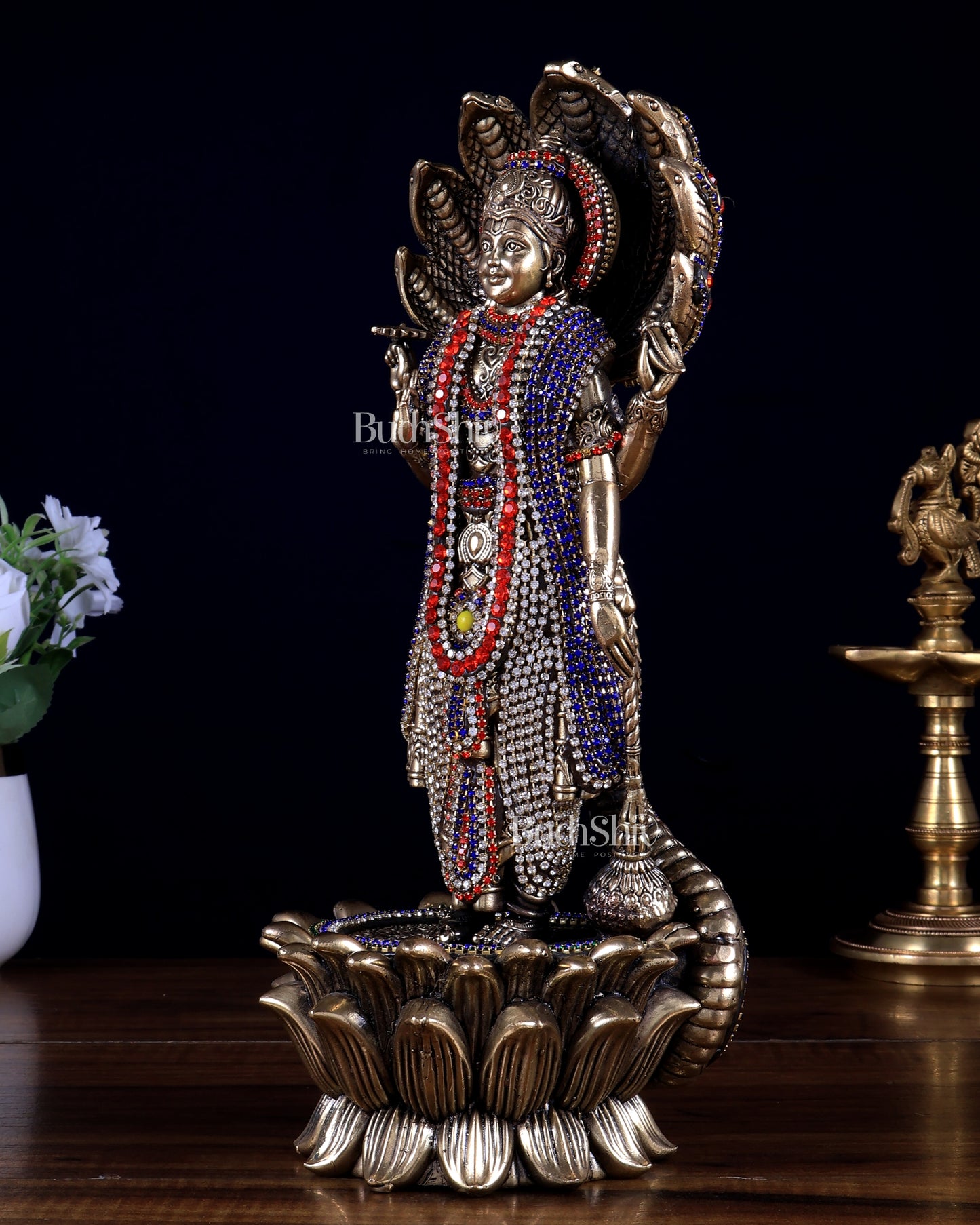 Pure Brass Lord Vishnu Standing with Sheshanaag jewel work 11.5 inch