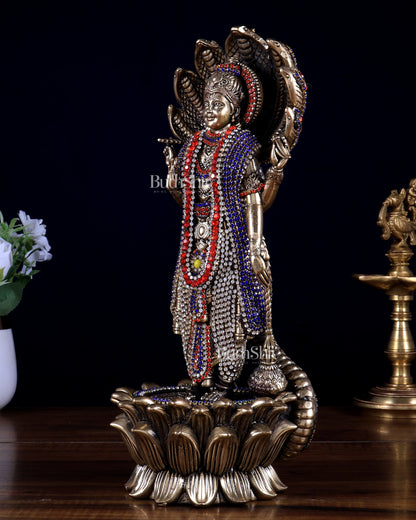 Pure Brass Lord Vishnu Standing with Sheshanaag jewel work 11.5 inch